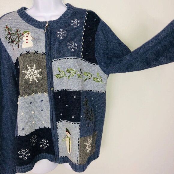 Womens Sweater L Blue Cardigan Zip Up Casual Winter Snowmen - Picture 6 of 12